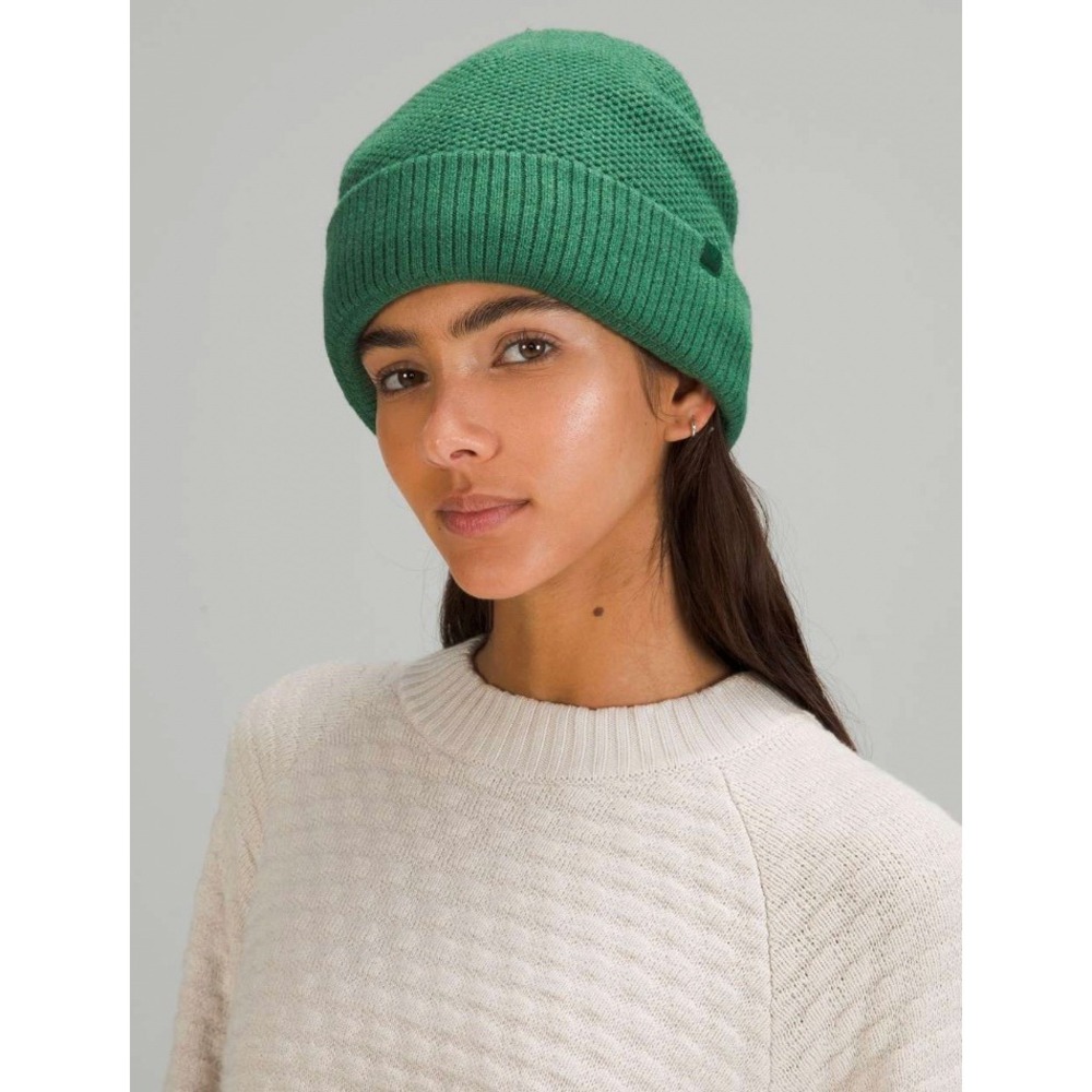 Lululemon Fleece Lined Knit Beanie Womens OS Everglade Green Yak Hair Winter Ski